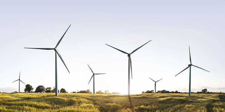 Mehrere Windkrafträder auf einem freien Feld